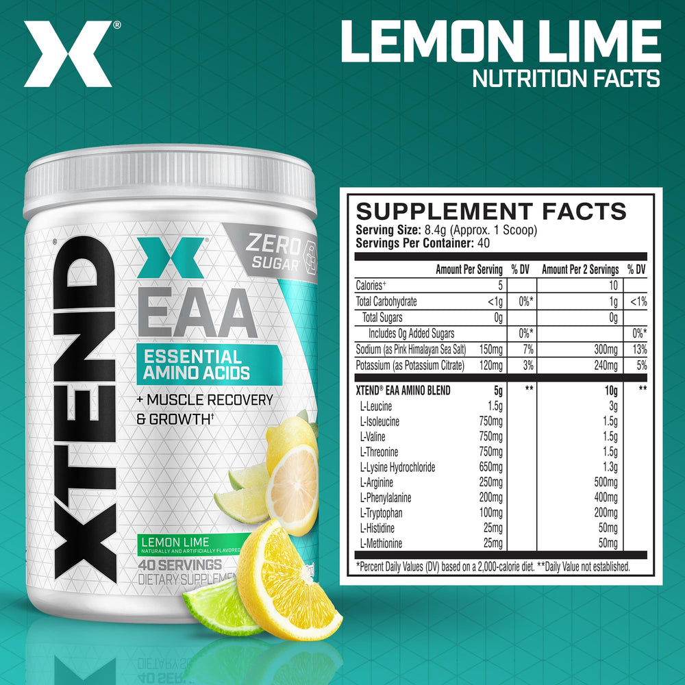 Back label of Xtend Scivation EAA + BCAA Powder Lemon Lime