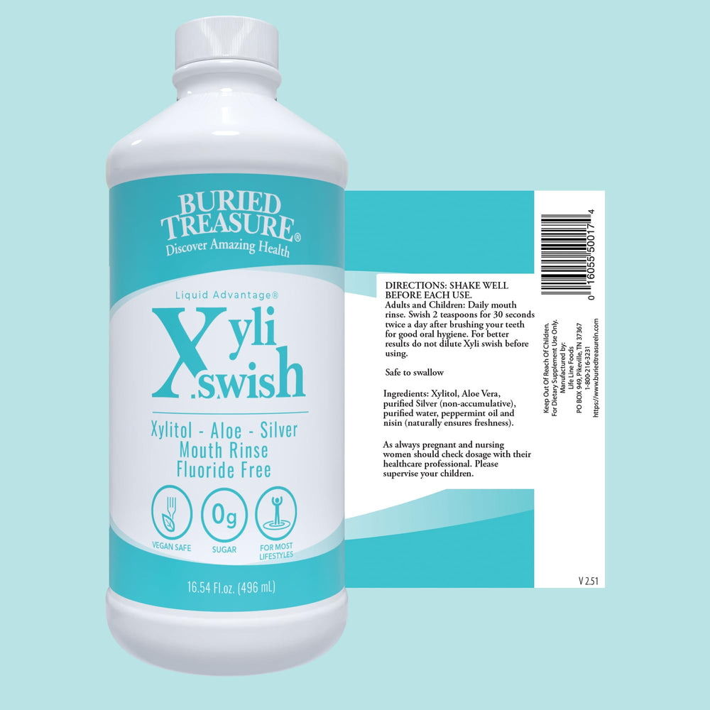 16 oz bottle of Xyli Swish Peppermint Mouthwash with splash
