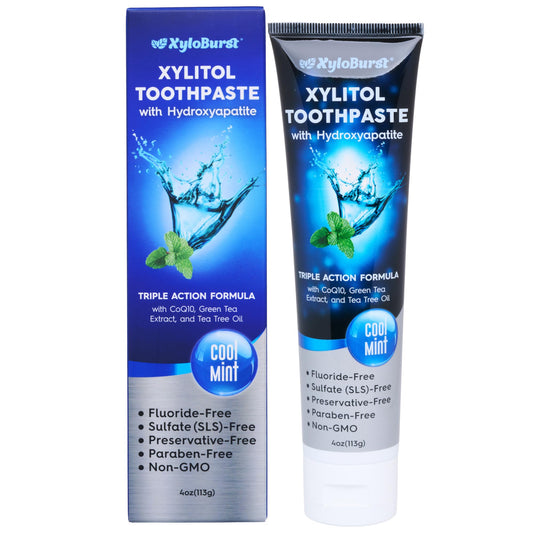 Front view of XyloBurst Hydroxyapatite toothpaste tube in Cool Mint 4 oz