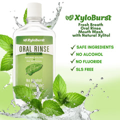 Xyloburst Oral Rinse bottle close-up showing label and ingredients