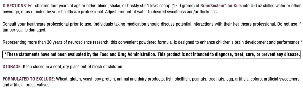 9.47 oz BrainSustain for Kids bottle label