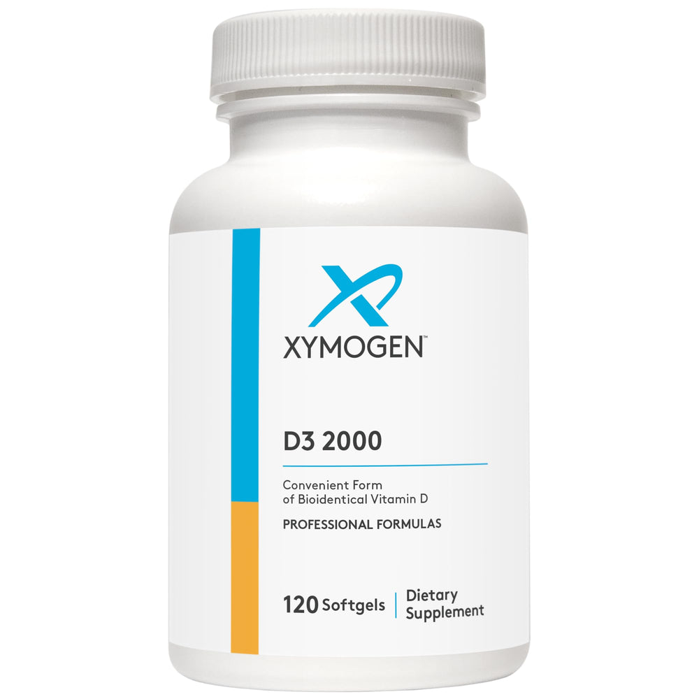 XYMOGEN D3 2000 softgel bottle on white background