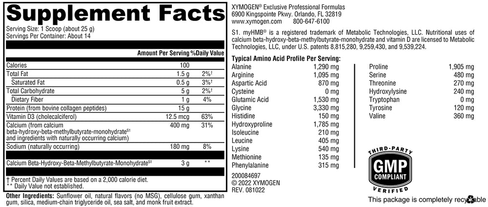 Close-up of vanilla collagen peptides with HMB and Vitamin D3 labels
