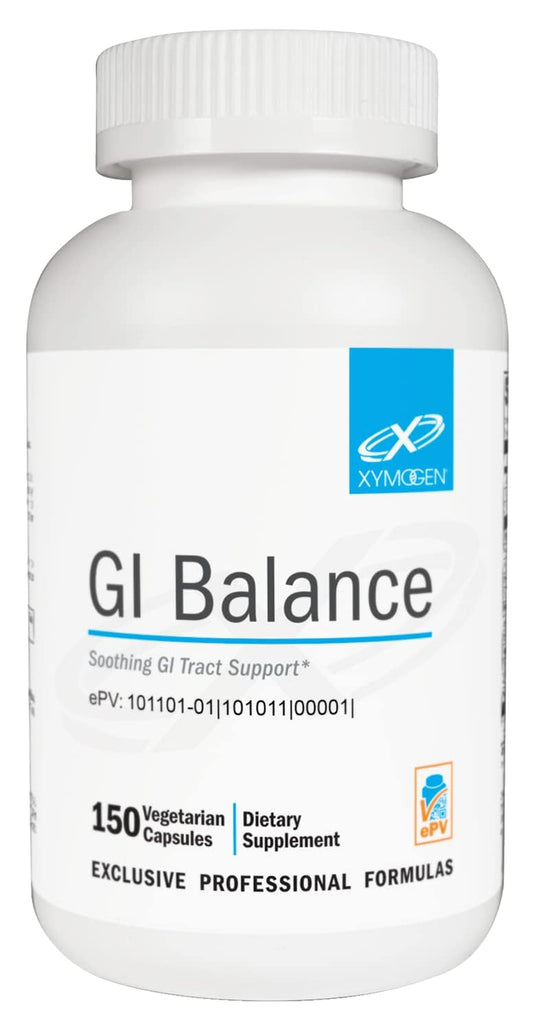 XYMOGEN GI Balance bottle with 150 capsules on white background