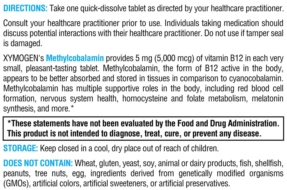 Ingredients and allergen information panel for XYMOGEN Methylcobalamin