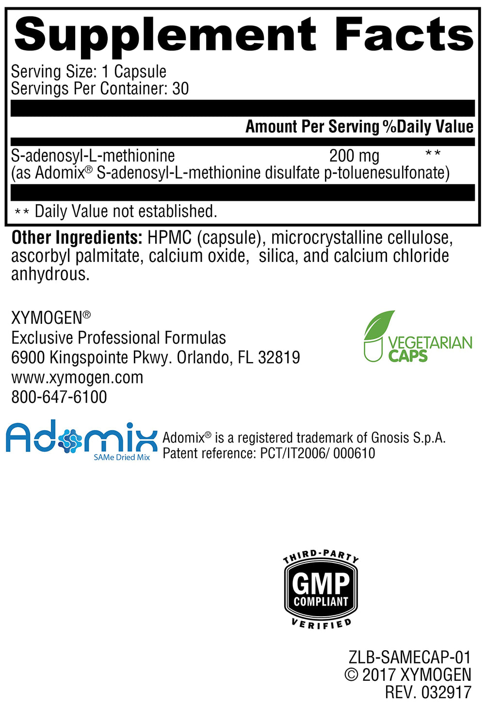 Nutrition facts and supplement details on XYMOGEN SAM-e packaging