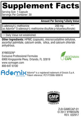 Nutrition facts and supplement details on XYMOGEN SAM-e packaging