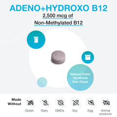 Label showing ingredients and 2,500 mcg non-methylated B12