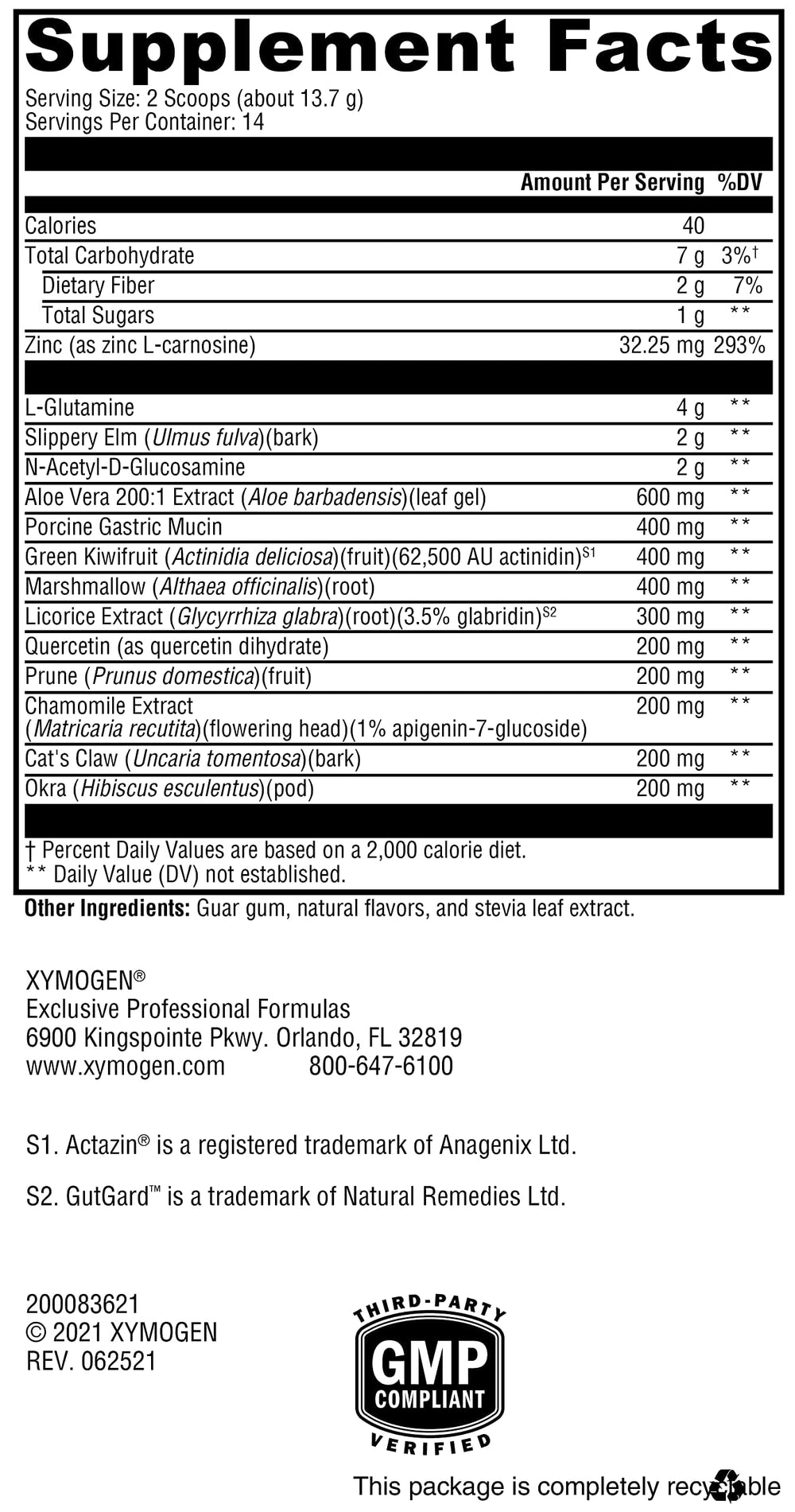 Front view of XYMOGEN GI Balance Powder packaging