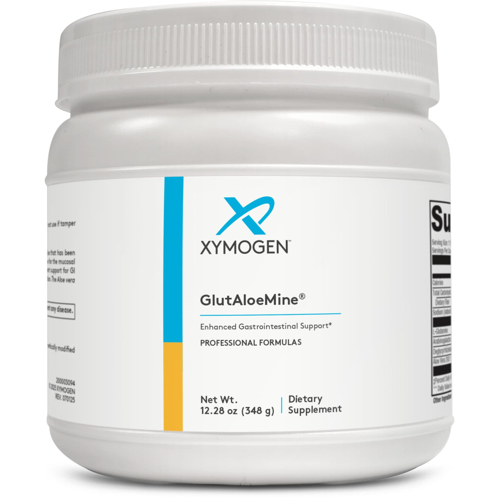 XYMOGEN GlutAloeMine powder scoop ready for GI support in a glass of water