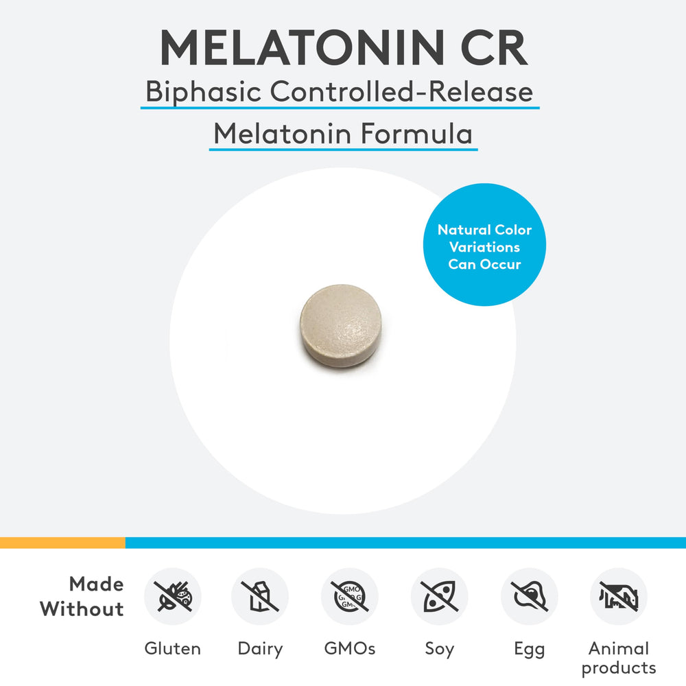XYMOGEN Melatonin CR bottle side-label highlights active ingredients and allergen-free profile.