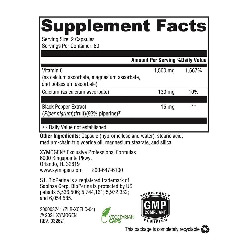 XYMOGEN Xcellent C capsules close-up highlights high-potency formula.
