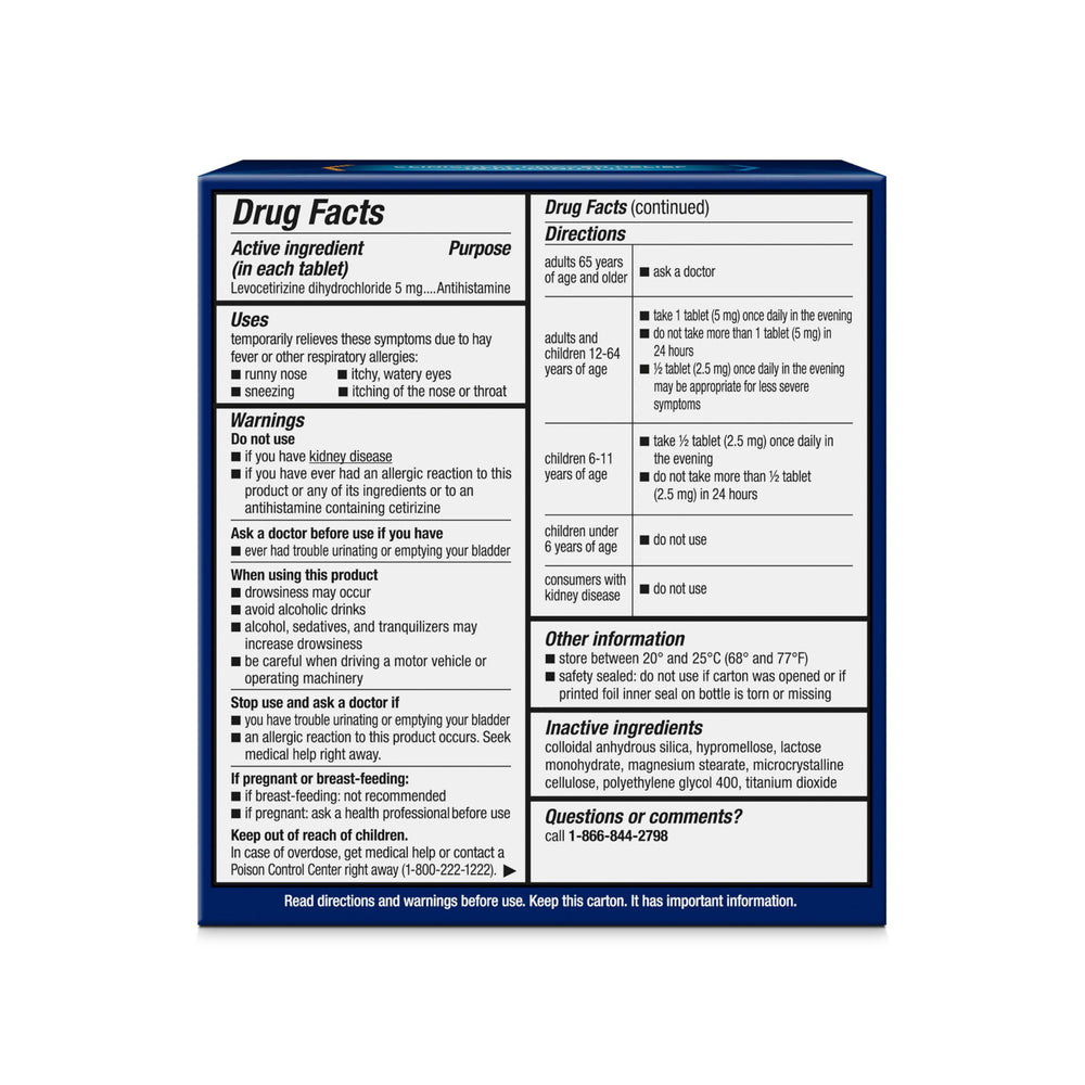 Xyzal levocetirizine tablets close-up with dosage information
