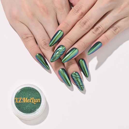 XZMeiLun chameleon chrome powder aurora blue shifts color for stunning nails.