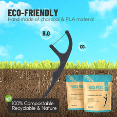 Close-up of black bamboo charcoal dental floss pick