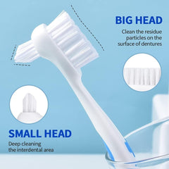 Close-up of dual-head brush design for dentures