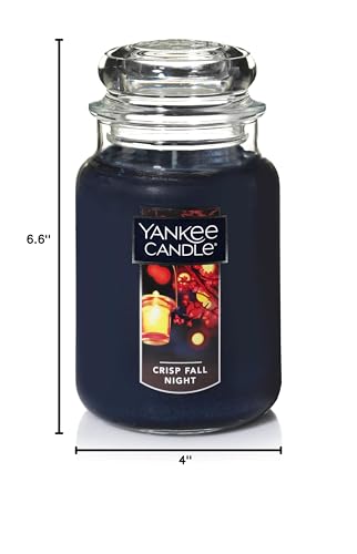 Yankee Candle Crisp Fall Night jar side view highlights premium 22oz burn time.