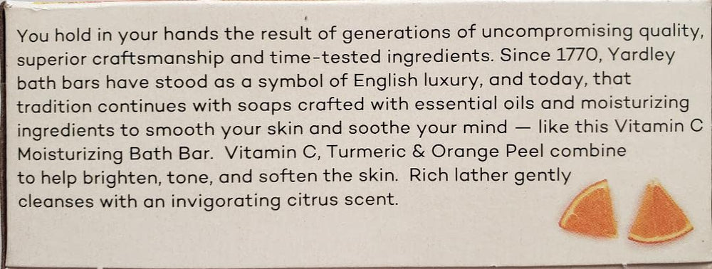 Yardley London Vitamin C bath bar delivers rich lather and bright citrus fragrance.