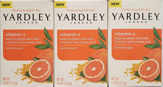 Yardley London Vitamin C bath bar with turmeric and orange peel brightens skin subtly.
