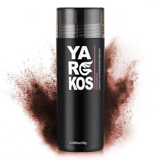 Yargkos Auburn hair fibers bottle close-up showing natural color match and easy application.