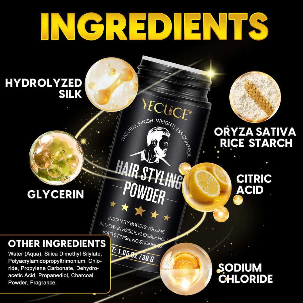 Yecuce men styling powder in use for quick lift and texture.