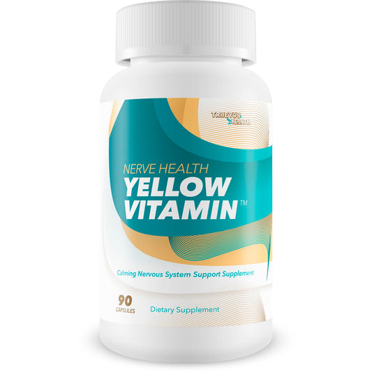 Bottle of Yellow Vitamin for Nerves on white background