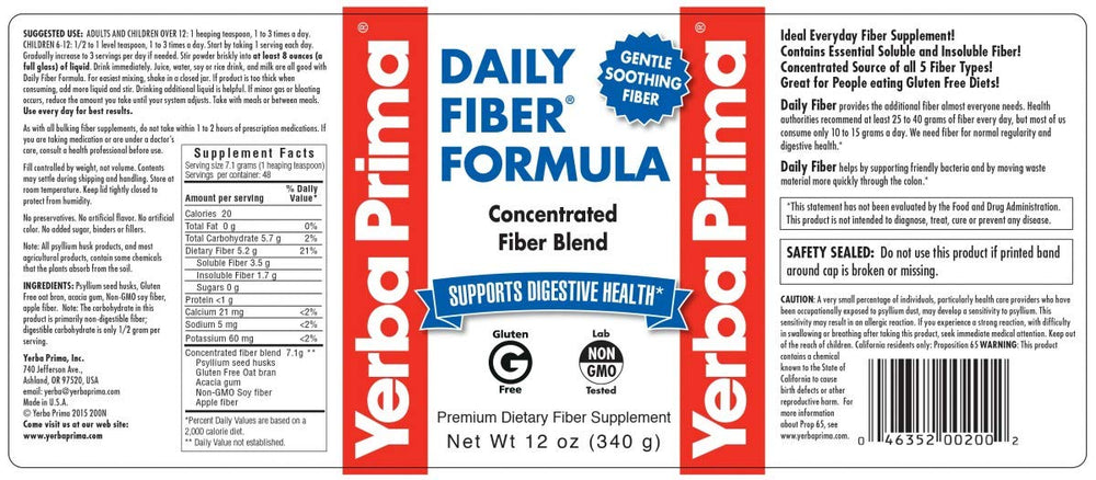 Back nutrition panel of Yerba Prima Daily Fiber Formula 12 oz 3-pack