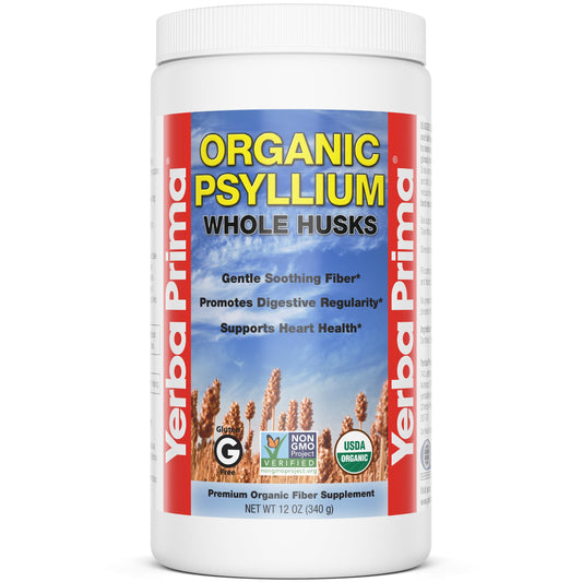 Front view of Yerba Prima Organic Psyllium Whole Husks 12 oz package