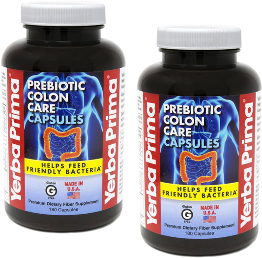 Front view of Yerba Prima Prebiotic Colon Care Capsules 2-pack bottle