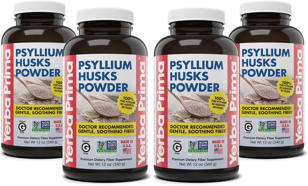 Yerba Prima Psyllium Husk Powder four 12 oz bottles front view