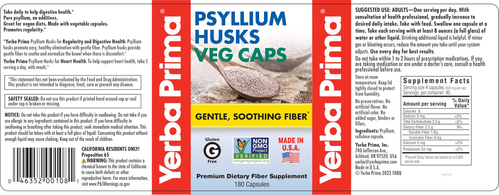 Non-GMO, gluten-free, vegan labeling on Yerba Prima product