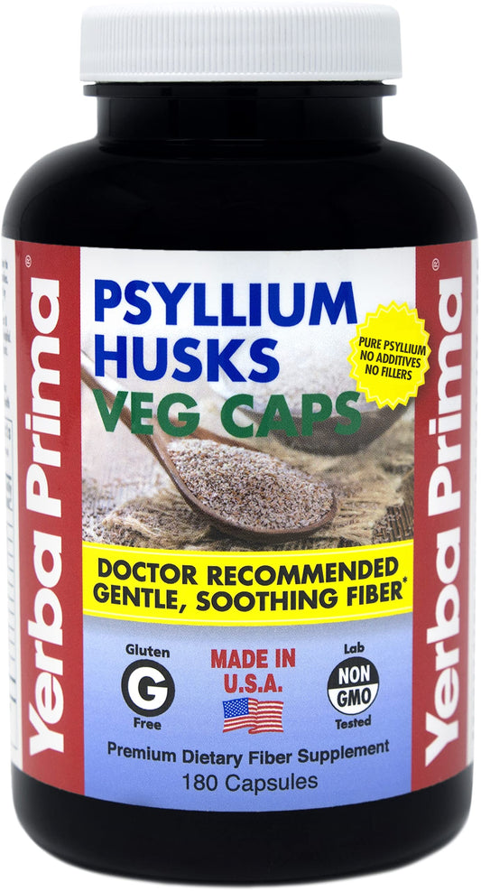 Yerba Prima Psyllium Husks bottle with 180 vegan capsules (625mg) – vegan