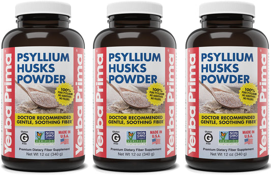 Three 12 oz bottles of Yerba Prima Psyllium Husk Powder in a 3-pack front view