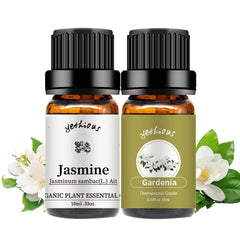 Jasmine and Gardenia essential oil set in amber bottles