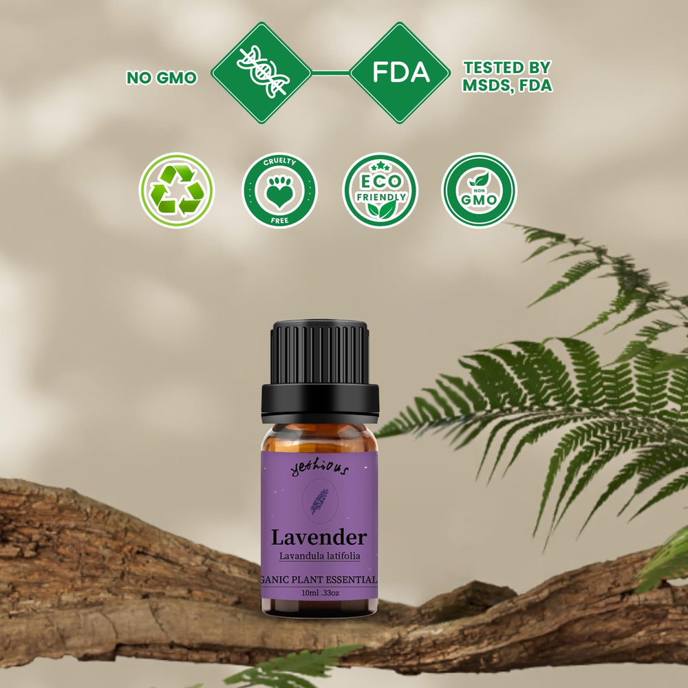 Close-up of Yethious lavender essential oil droplets