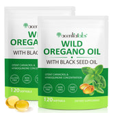Front view of YIEEGCM Wild Oregano Oil Softgels with Black Seed Oil bottle and 120 capsules