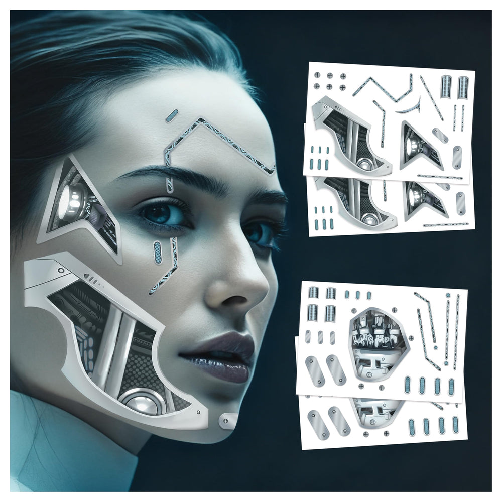 Yitla Death Metal Cyborg tattoo four-pack on the face for bold cosplay looks.