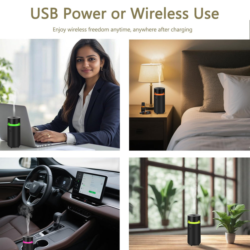 Diffuser in car, bedroom, and office setup