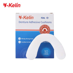 Y-Kelin packaging showing 30 strips of denture cushions