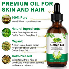YMFGPFYL Green Arabica Coffee Oil bottle beside natural ingredients for nourishing skin