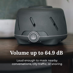 Yogasleep Dohm Charcoal bedroom setup demonstrates natural fan-based sound for calmer nights.