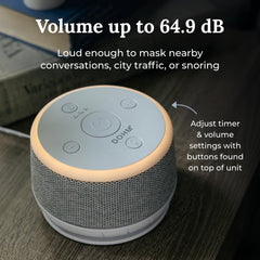 Yogasleep Dohm Nova night light glows softly for gentle bedtime ambiance.