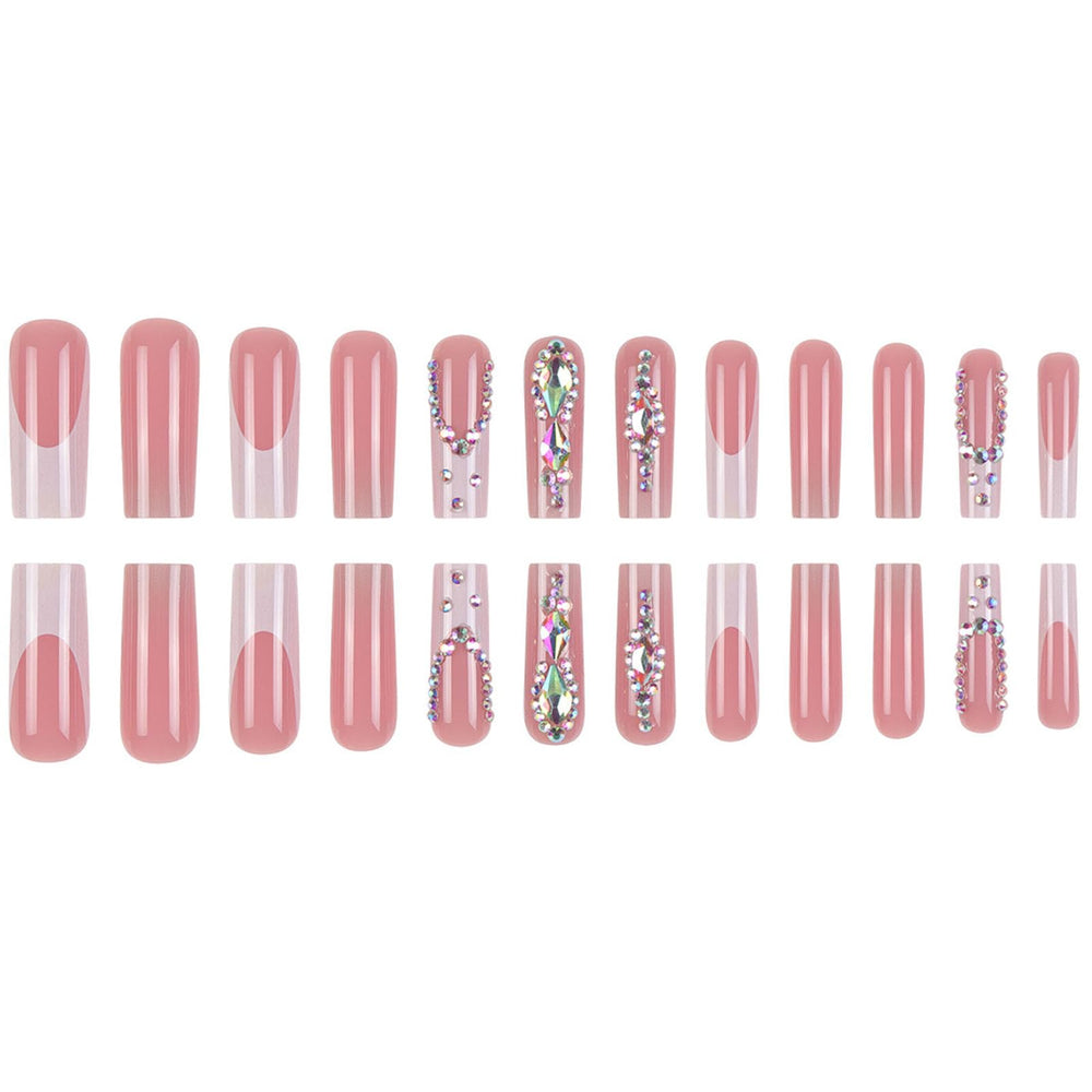Hands showcase YOJIATOP nude gradient nails with rhinestones for versatile wear.