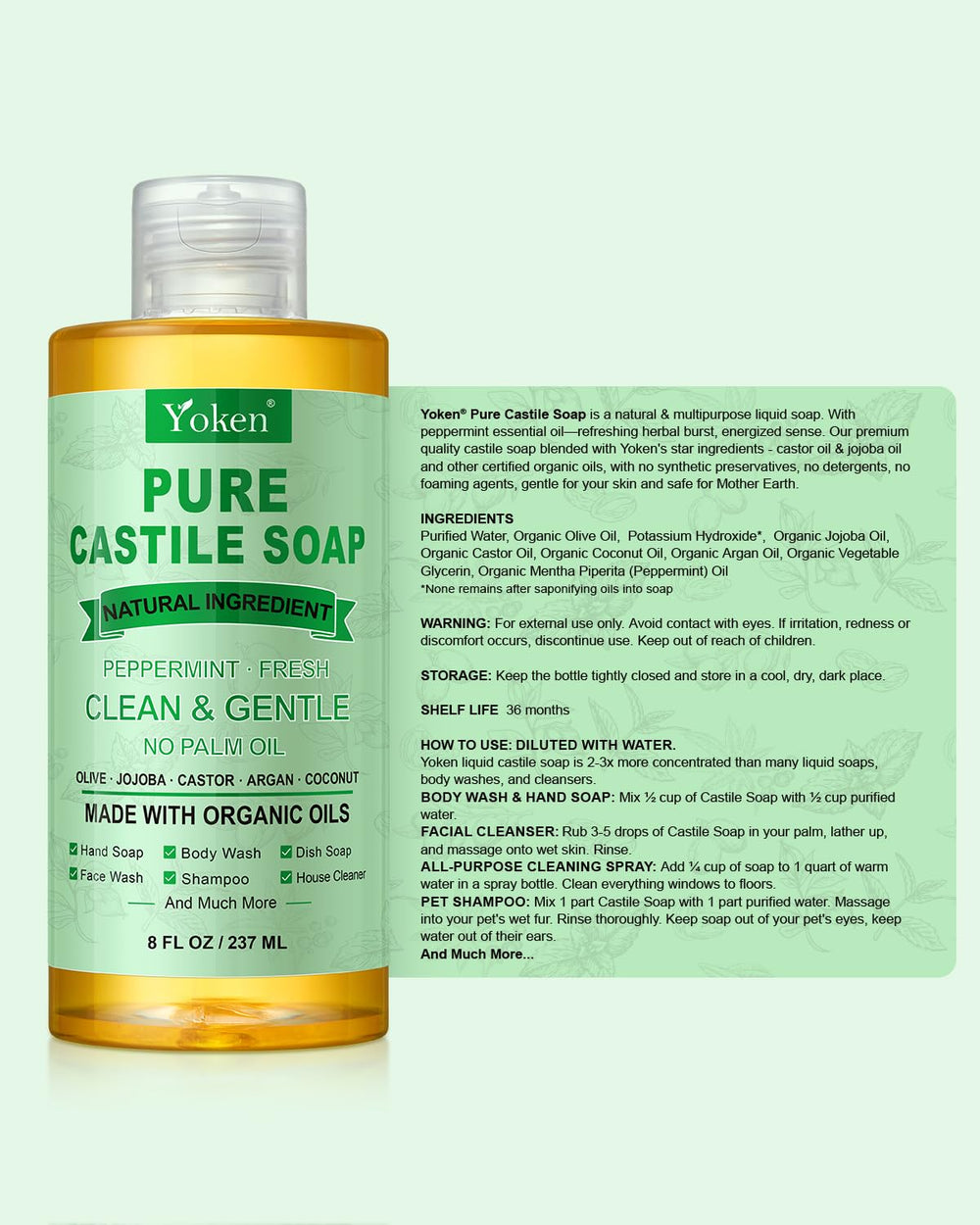 Yoken peppermint castile soap packaging shows cruelty-free labeling