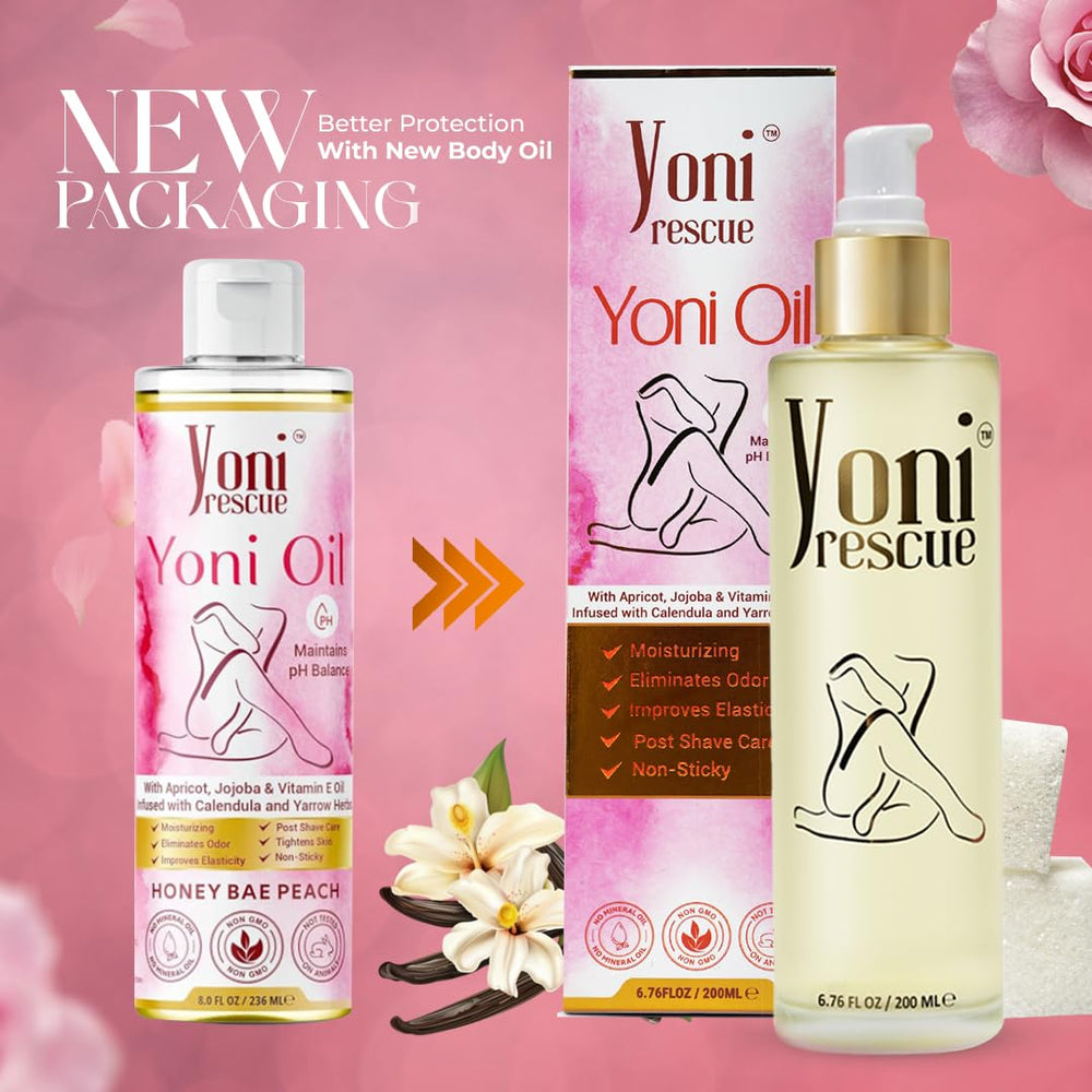 Yoni Rescue vanilla oil packaging on display for convenient daily use.