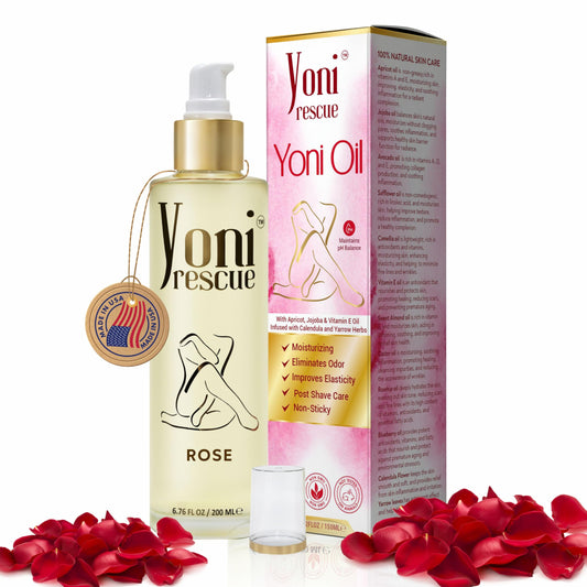 Yoni Rescue Yoni Oil bottle closeup showing hydration for intimate skin