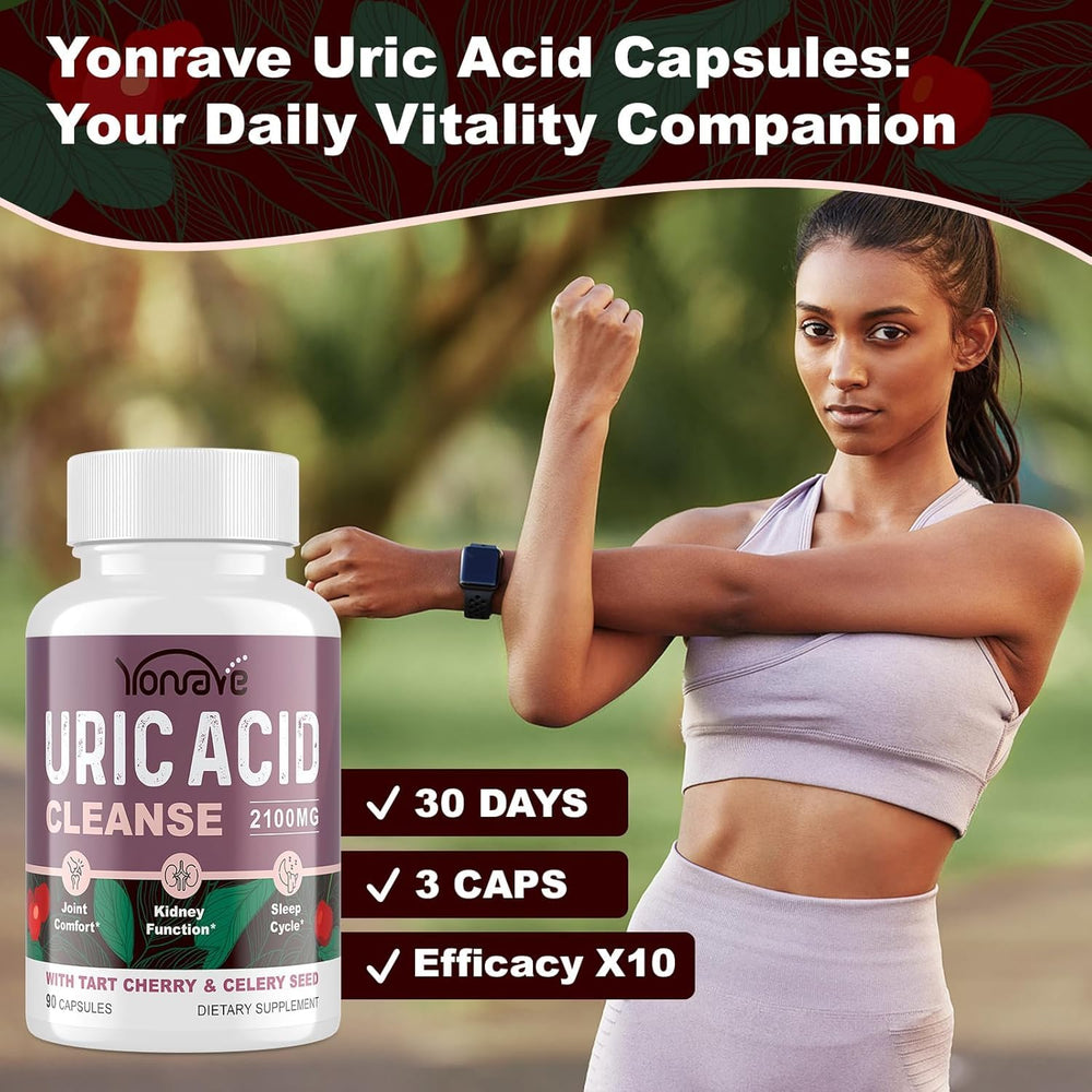 Close-up of Yonrave Tart Cherry and Celery Seed Uric Acid capsules with label