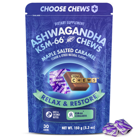 Front view of YouChews Ashwagandha KSM-66 stress relief chews packaging