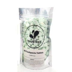 YouClean Refill Pack 365 toothpaste tablets - front view in clear glass jar