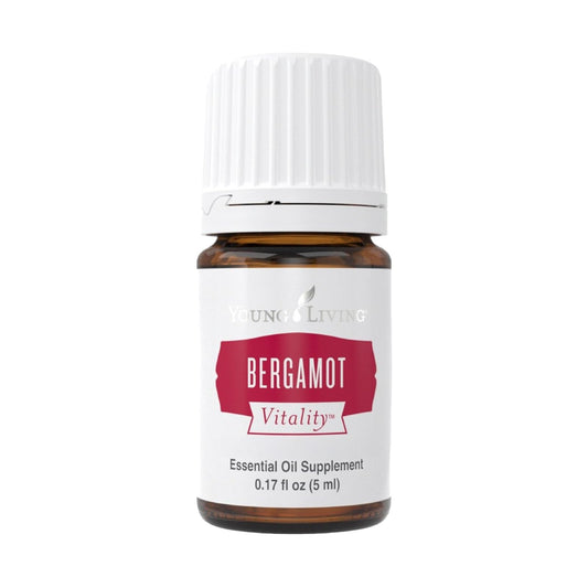 Young Living Bergamot Vitality 5ml bottle captures bright citrus aroma for culinary use.